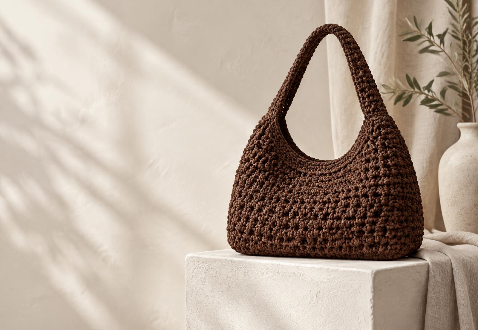 Hand-crocheted cocoa brown shoulder bag